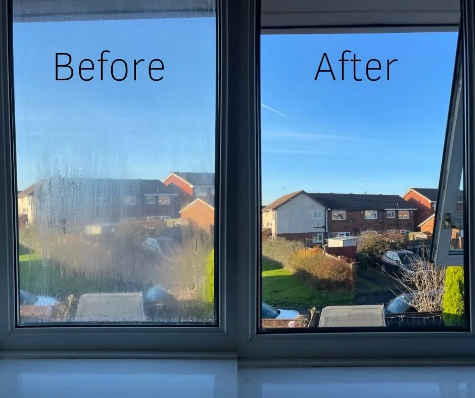 Before and after: a misted double-glazed unit beside the same window with a new, clear unit fitted